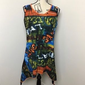 .050 Women’s Grey Blue Orange Random Art  Asymmetrical Sleeveless Mini Dress